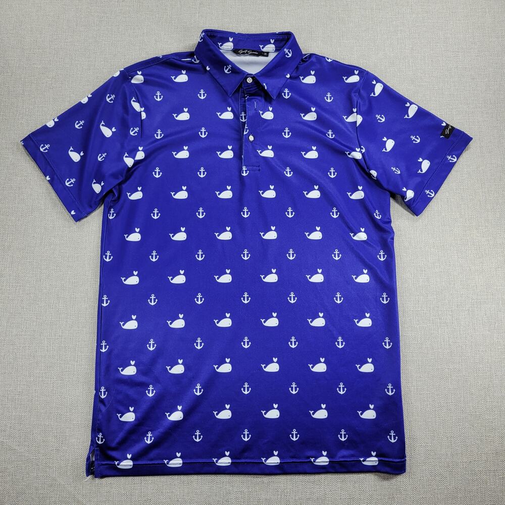 Golf Gods Mens Polo Shirt Size M Blue Anchor and Whale Print Short Sleeve Casual